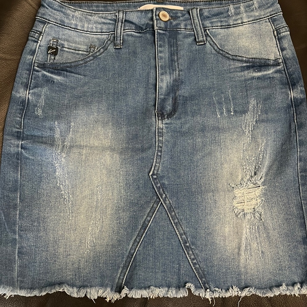 Denim skirt- faded and frayed-excellent condition! $15!